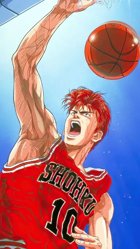 Hanamichi Sakuragi slam dunking basketball in Shohoku jersey from Slam Dunk anime collection