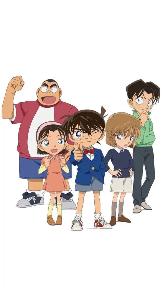 Detective Conan characters group anime illustration with Conan Edogawa in center pointing forward