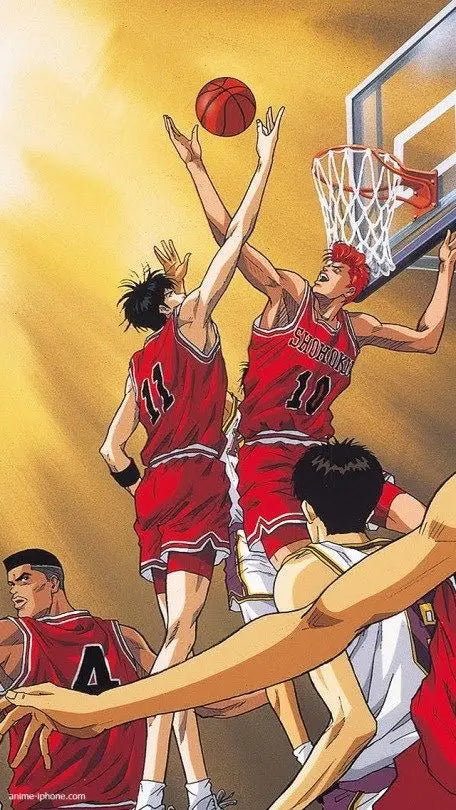 Slam Dunk anime collection basketball players jumping for the ball near the hoop in red uniforms
