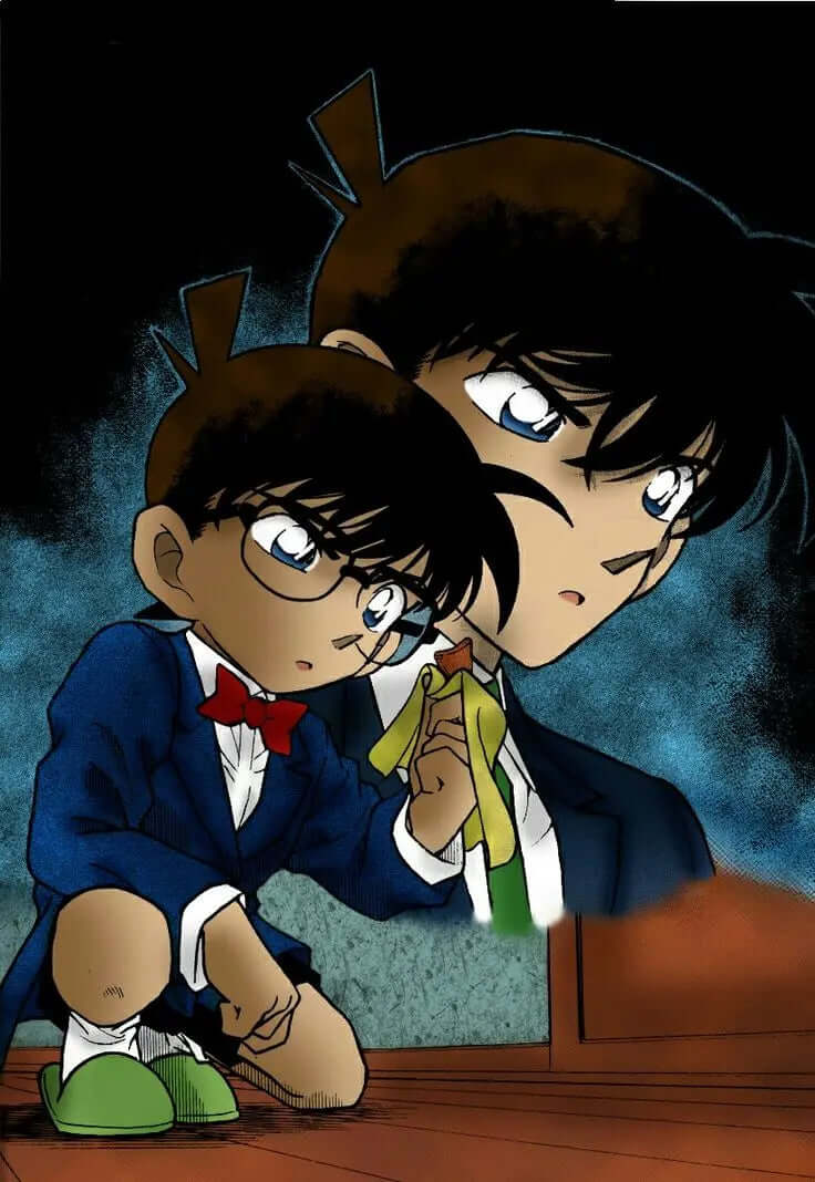 Detective Conan anime featuring young detective Conan Edogawa and his original form Shinichi Kudo in dark background