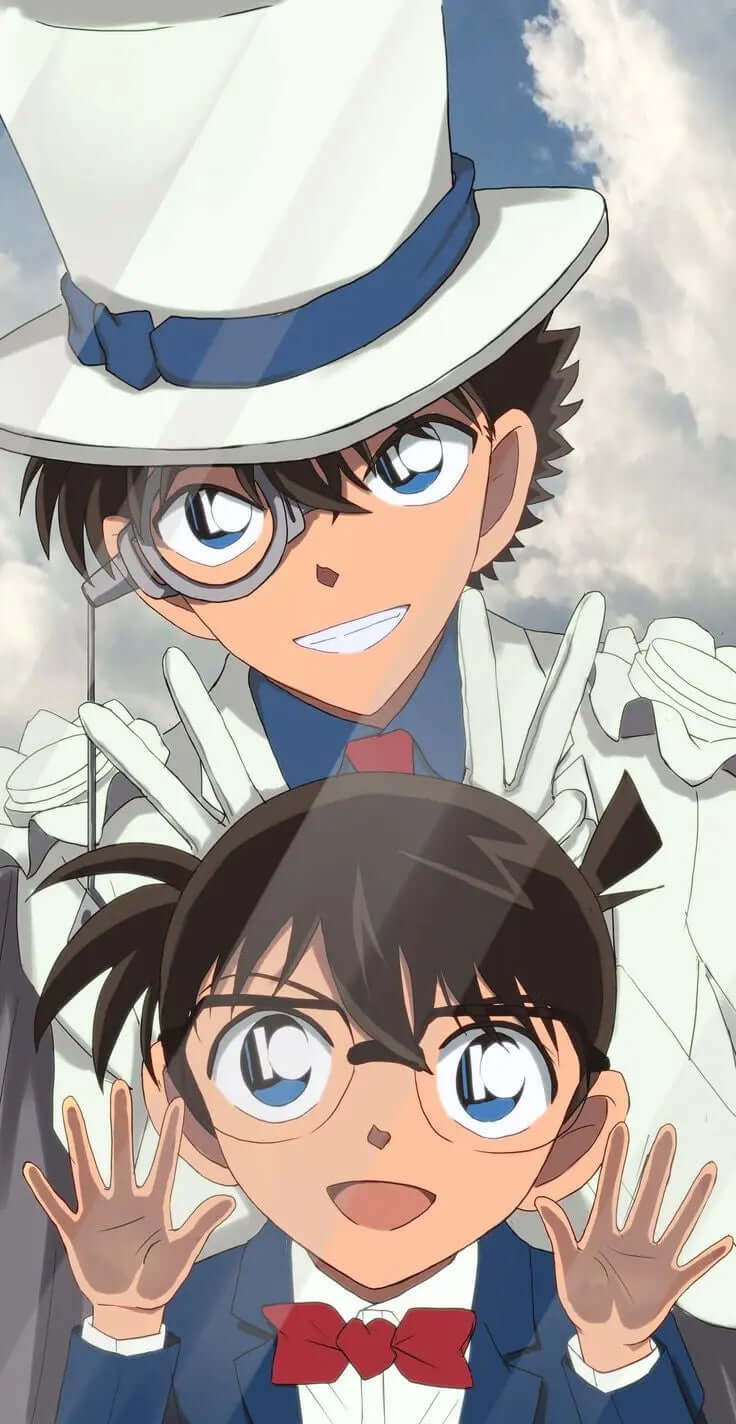 Detective Conan anime characters in white hat and glasses with blue sky background
