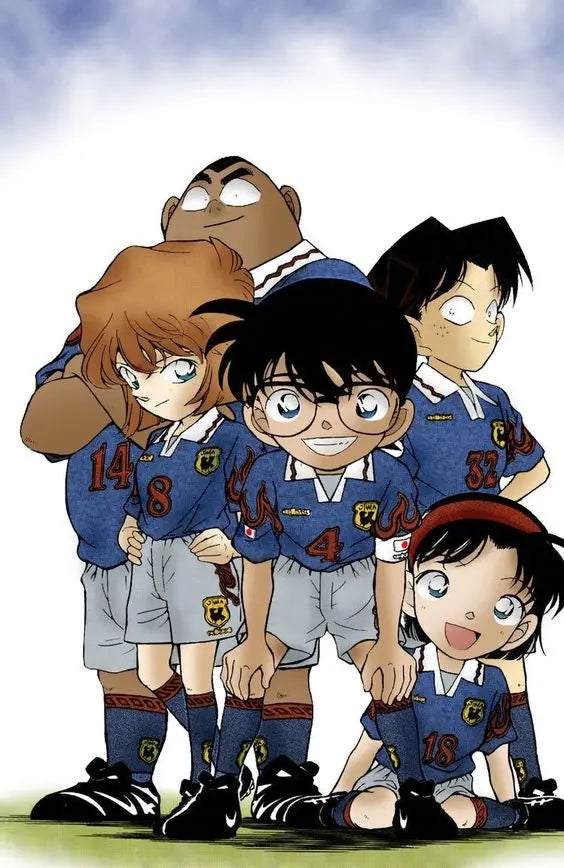 Detective Conan anime characters in blue sports uniforms standing together in team pose
