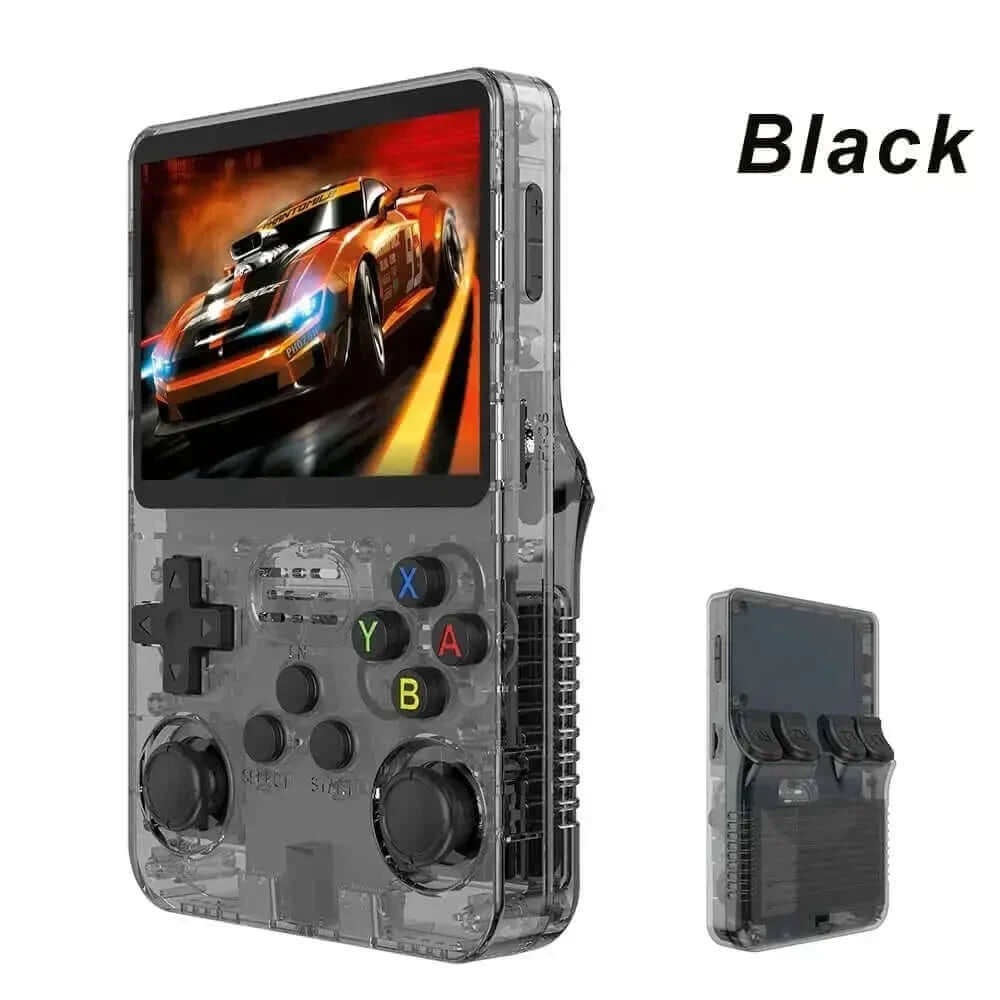 Mini RetroBoy gaming console in black with transparent casing and classic game display
