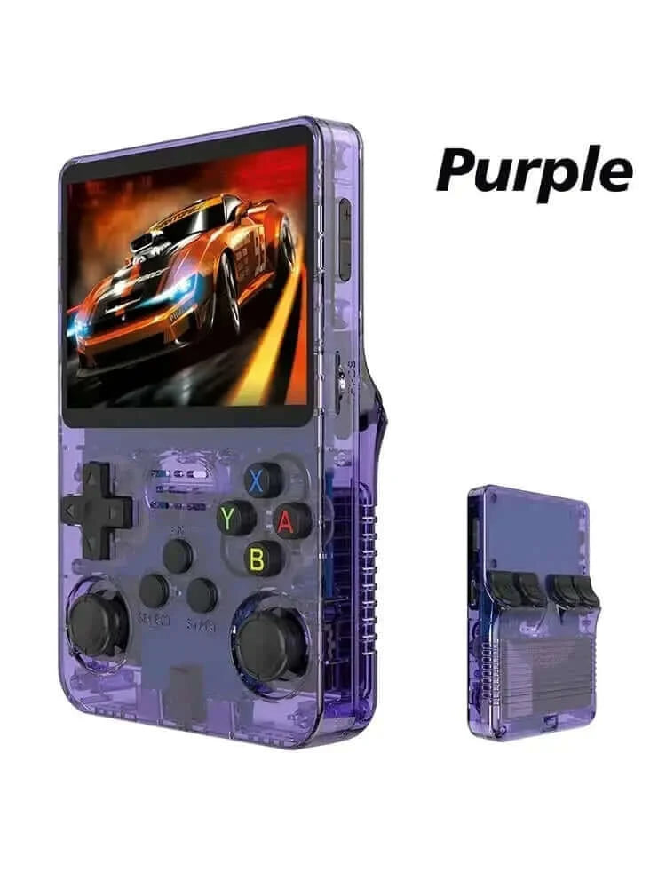 Purple Mini RetroBoy gaming console with transparent case and classic controls