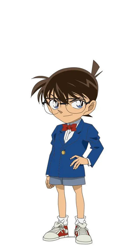 Detective Conan character in blue suit and glasses standing confidently