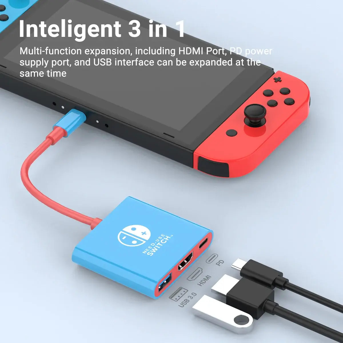 Ultra-compact Switch travel dock with HDMI, USB 3.0, and PD power ports connected to a Nintendo Switch console.