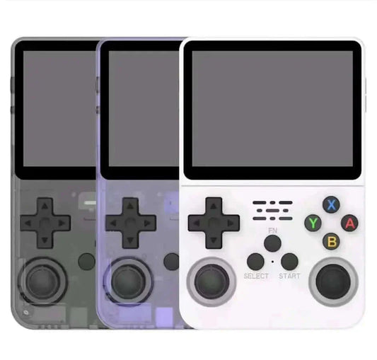 Mini RetroBoy gaming console portable handheld device with retro design in white, purple, and black colors