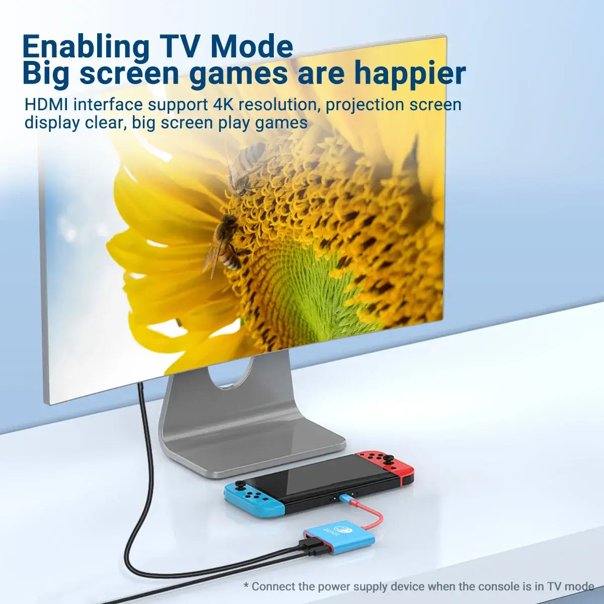 "Switch Travel Dock with HDMI interface connects Nintendo Switch to monitor for big screen gaming, showcasing sunflower display."