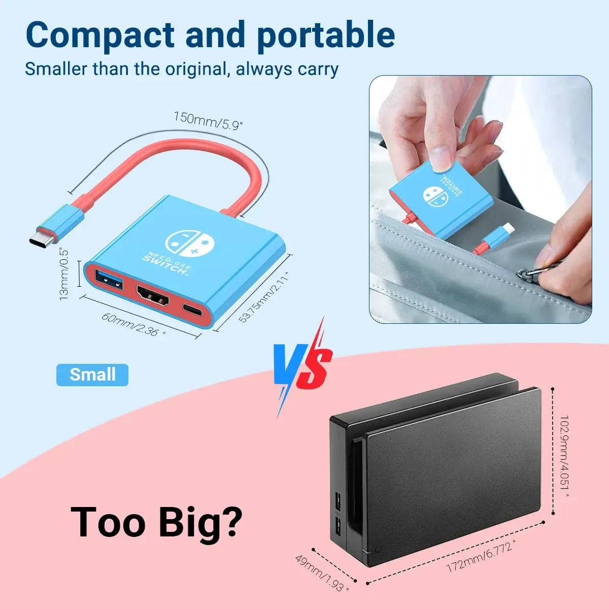 "Ultra-compact Switch Travel Dock with HDMI & USB 3.0, fits in pocket, compared to larger original dock."