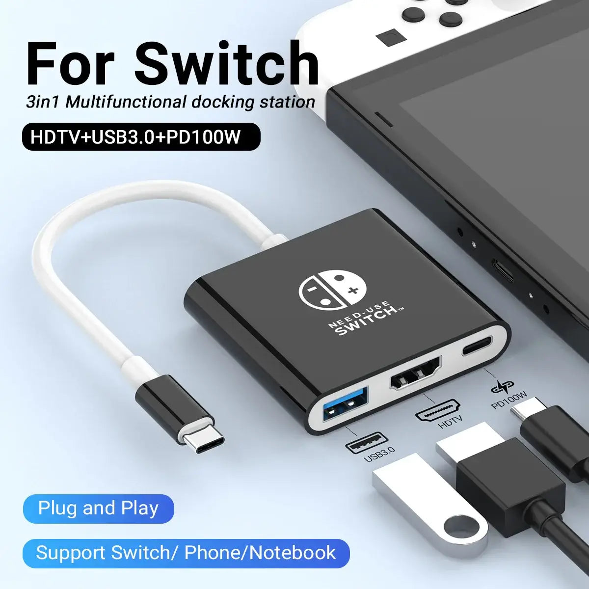 Ultra-compact Switch travel dock with HDMI and USB 3.0 ports for seamless connectivity, displayed next to a gaming console.