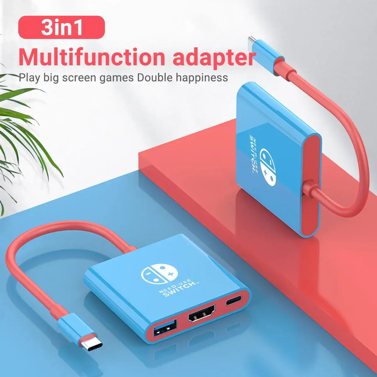 "3-in-1 multifunction adapter for gaming, featuring HDMI and USB connectivity with a sleek design for big screen enjoyment."