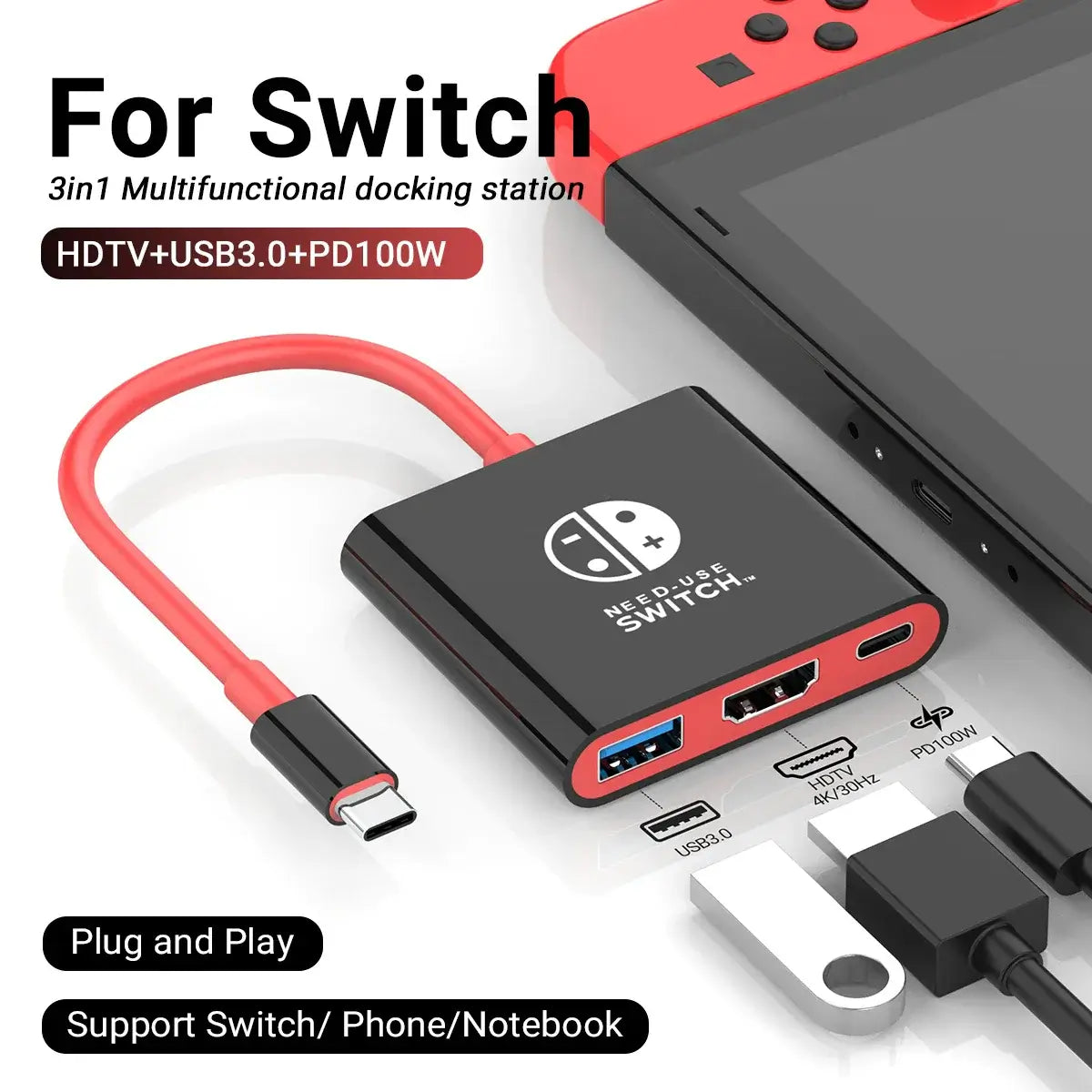 Ultra-compact Switch travel dock with HDMI, USB 3.0, PD 100W support shown with red cable and connected to gaming console.