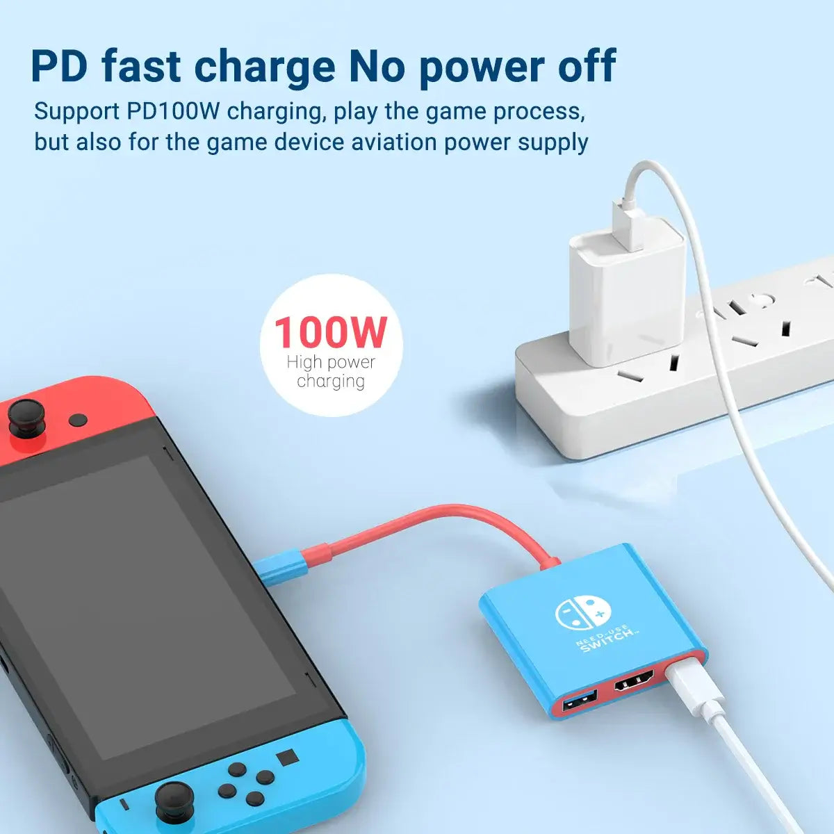 "Switch Travel Dock with PD100W fast charging, connected to Nintendo Switch and power outlet for uninterrupted gaming."