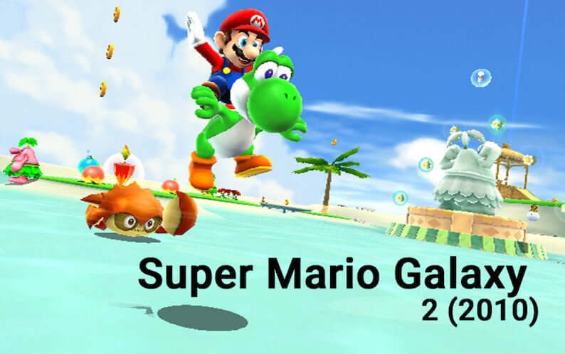 "Super Mario Galaxy 2 gameplay featuring Mario riding Yoshi across a tropical island, released on Wii in 2010."