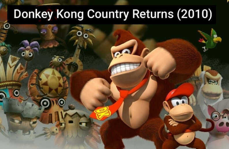 Donkey Kong Country Returns 2010 game cover with Donkey Kong and Diddy Kong in an action pose.