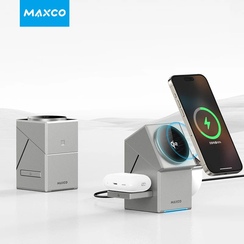 MagFast 3-in-1 Charger Stand charging phone, watch, and earbuds in sleek silver design with "Maxco" branding.