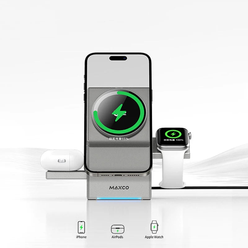 MagFast 3-in-1 Charger Stand powers phone, watch, earbuds effortlessly with sleek, modern design.